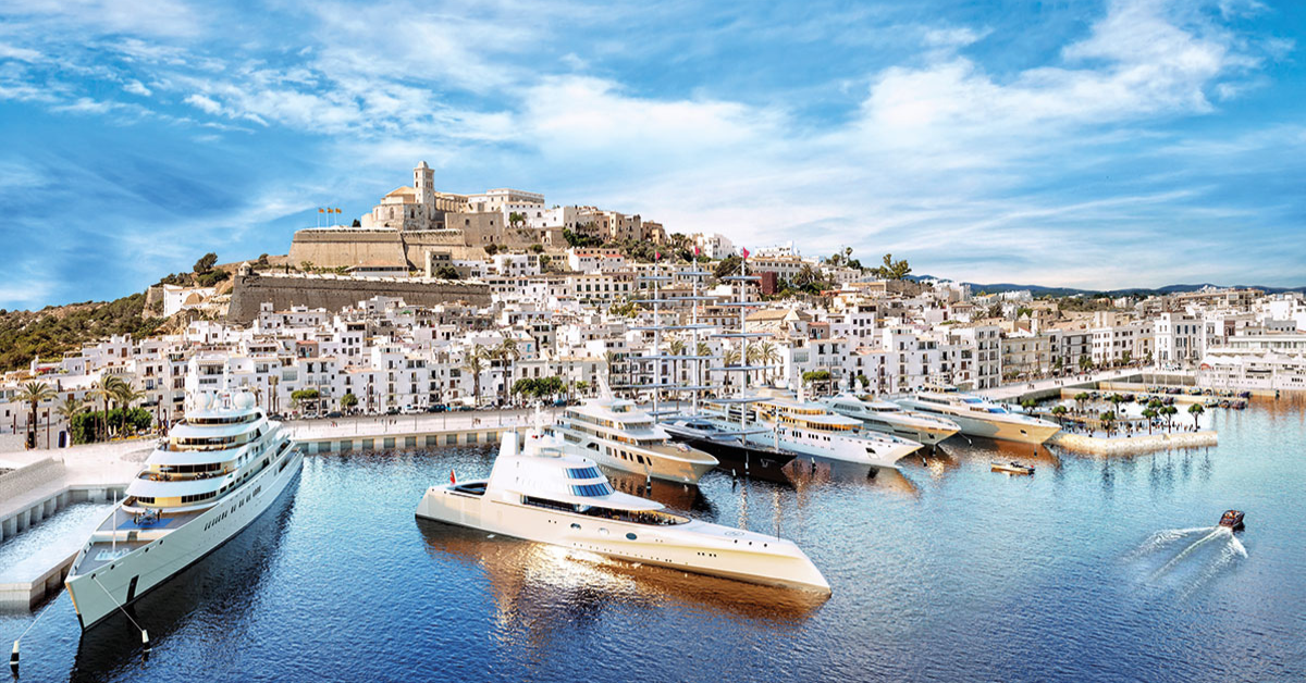 Superyachts anchored along a Mediterranean coastline illustrating the seasonal migration patterns of global wealth.